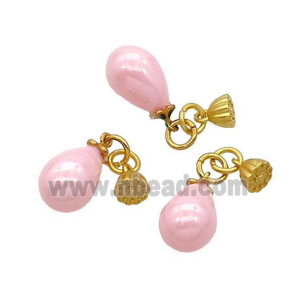 Pink Pearlized Plastic Teardrop Pendant Gold Plated