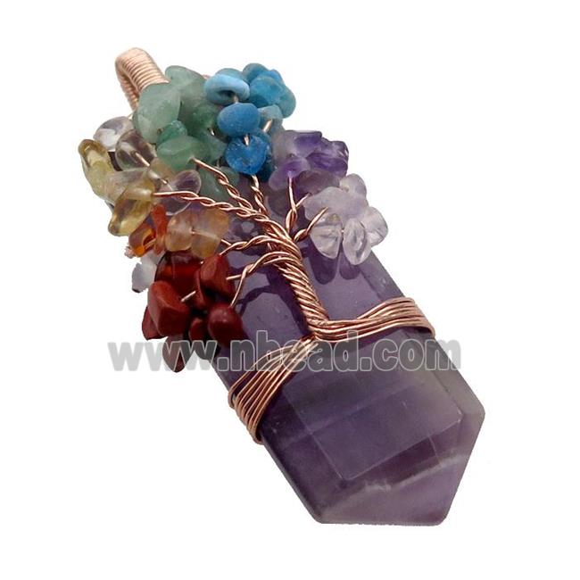 Purple Amethyst Bullet Pendant Chakra Tree Rose Gold Wire Wrapped