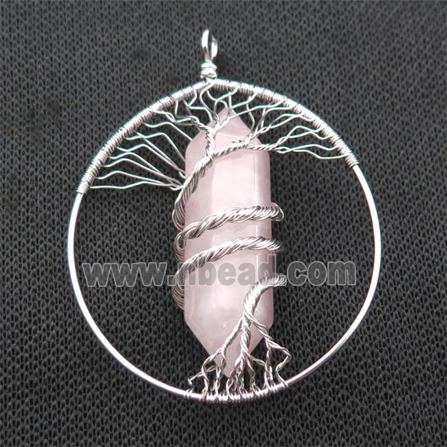 Pink Rose Quartz Tree Of Life Pendant Alloy Wire Wrapped