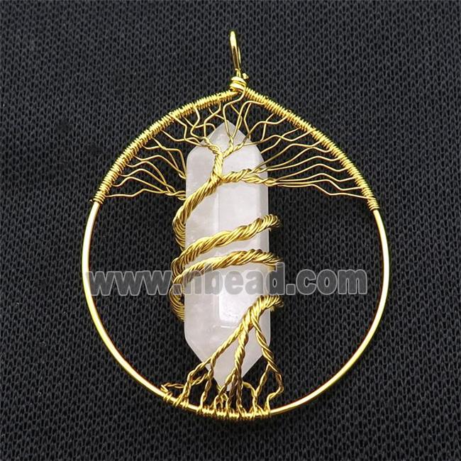 Clear Quartz Tree Of Life Pendant Alloy Wire Wrapped Gold Plated