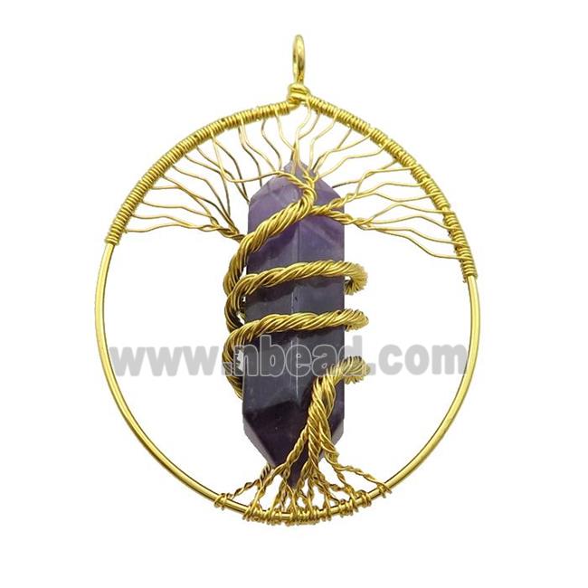Purple Amethyst Tree Of Life Pendant Alloy Wire Wrapped Gold Plated