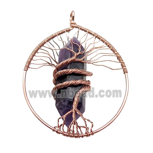 Purple Amethyst Tree Of Life Pendant Alloy Wire Wrapped Rose Gold