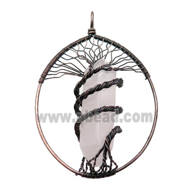Rose Quartz Tree Of Life Pendant Alloy Wire Wrapped Antique Red