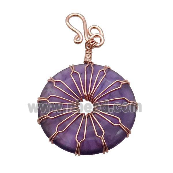Purple Amethyst Donut Pendant Wire Wrapped Rose Gold