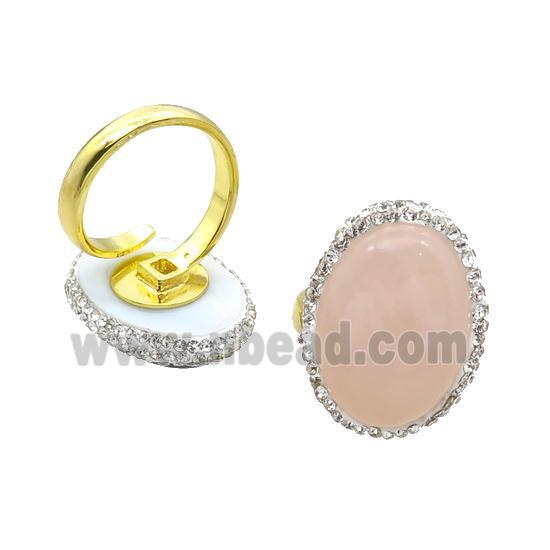 Rose Quartz Copper Ring Pave Rhinestone Adjustable Gold Plated