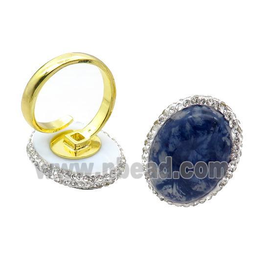 Blue Synthetic Quartz Copper Ring Pave Rhinestone Adjustable Gold Plated