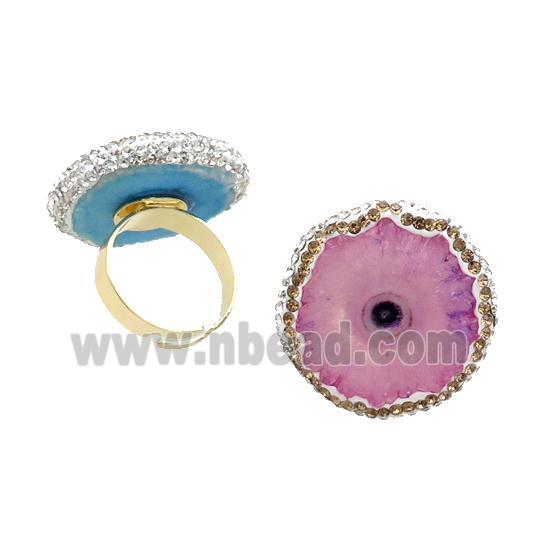 Pink Quartz Druzy Copper Ring Pave Rhinestone Adjustable Gold Plated