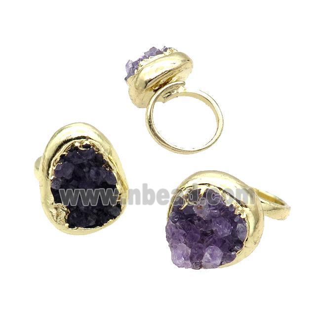 Amethyst Druzy Copper Ring Adjustable Gold Plated