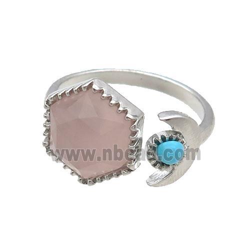 Rose Quartz Copper Ring Hexagon Platinum Plated