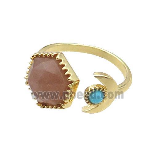 Pink Sunstone Copper Ring Hexagon Gold Plated