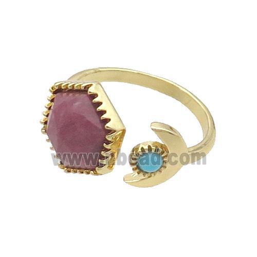Pink Rhodonite Copper Ring Hexagon Gold Plated