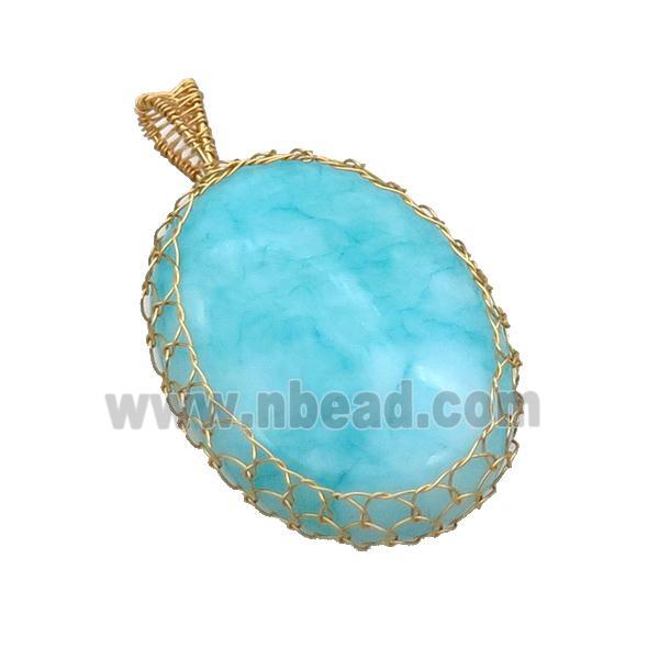 Blue Dye Amazonite Oval Pendant Wire Wrapped