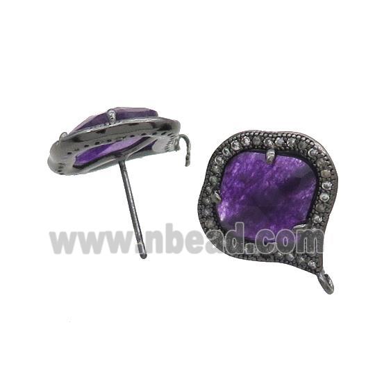 Purple Jade Stud Earring Copper Pave Zircon With Loop Black Plated
