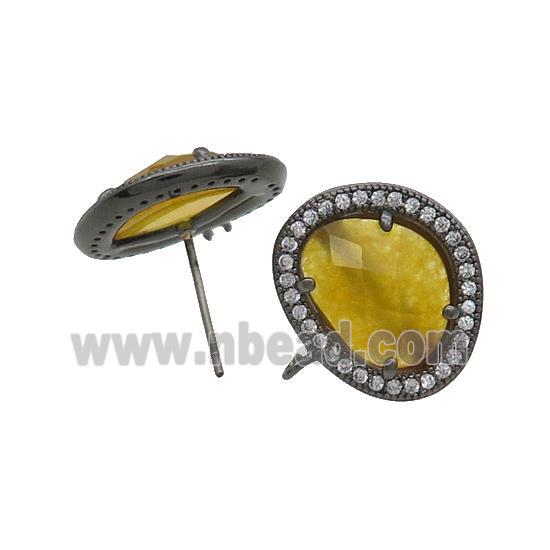 Yellow Jade Stud Earring Copper Pave Zircon With Loop Black Plated