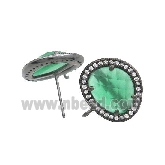 Green Jade Stud Earring Copper Pave Zircon With Loop Black Plated