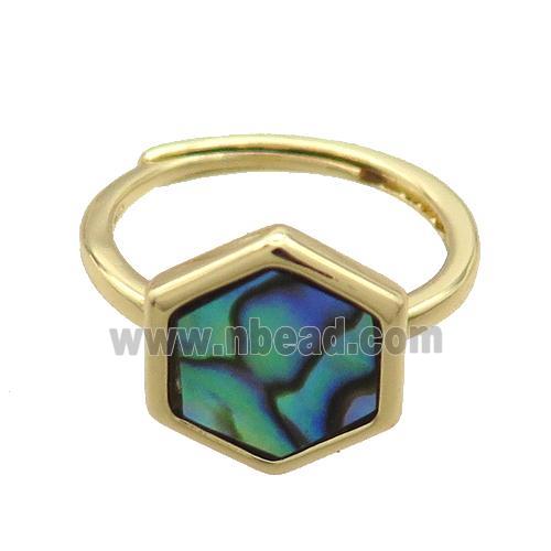 Copper Ring Pave Abalone Shell Hexagon Adjustable Gold Plated