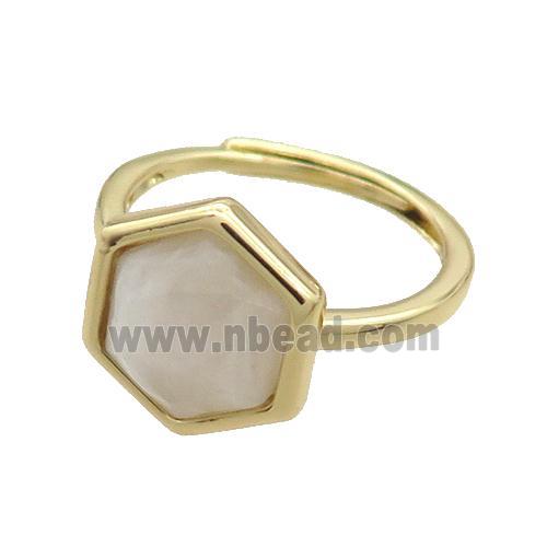 White Moonstone Copper Ring Hexagon Adjustable Gold Plated