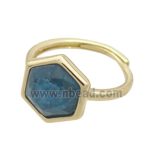 Blue Apatite Copper Ring Hexagon Adjustable Gold Plated