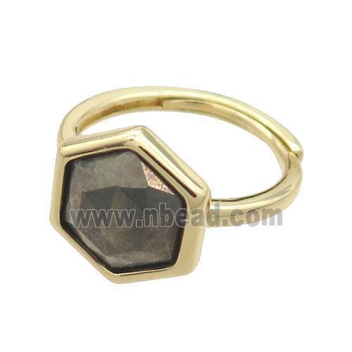 Pyrite Copper Ring Hexagon Adjustable Gold Plated
