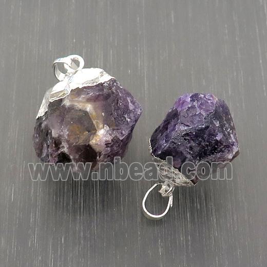 Hammered Amethyst Pendant Freeform Nugget Purple Silver Plated