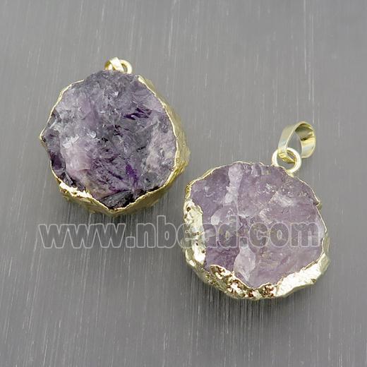 Hammered Amethyst Pendant Circle Purple Gold Plated