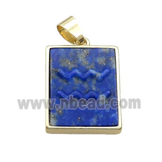 Natural Lapis Lazuli Pendant Zodiac Aquarius Blue Rectangle Gold Plated
