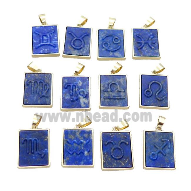 Natural Lapis Lazuli Pendant Zodiac Mixed Blue Rectangle Gold Plated