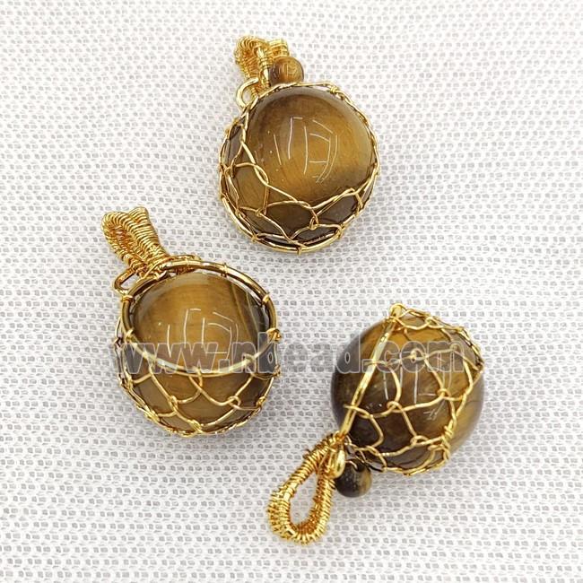 Natural Tiger Eye Stone Sphere Ball Pendant Wire Wrapped