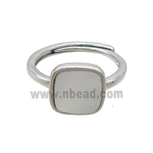 Copper Ring Pave White Shell Adjustable Square Platinum Plated