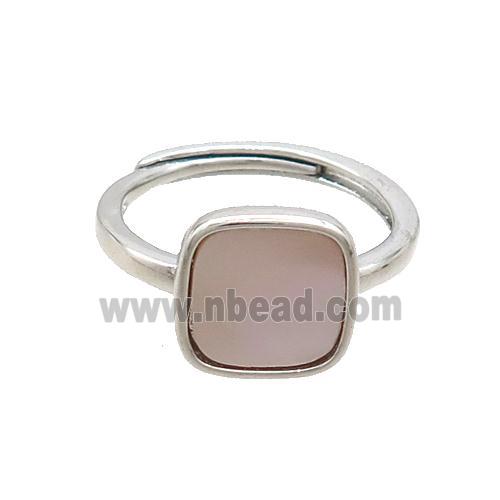 Copper Ring Pave Pink Shell Adjustable Square Platinum Plated