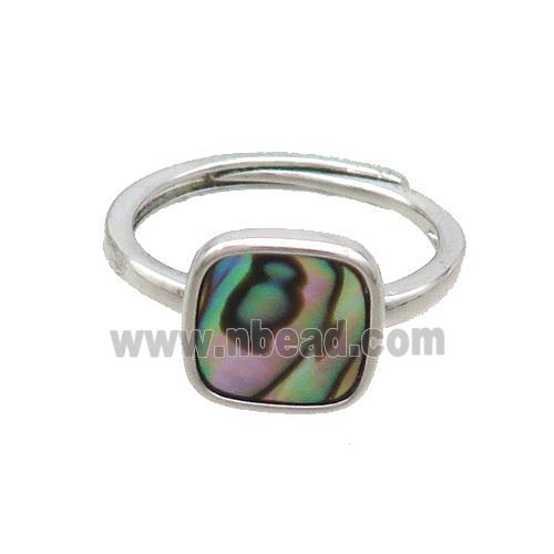 Copper Ring Pave Rainbow Abalone Shell Square Adjustable Platinum Plated