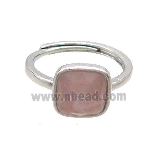 Copper Ring Pave Pink Rose Quartz Square Adjustable Platinum Plated