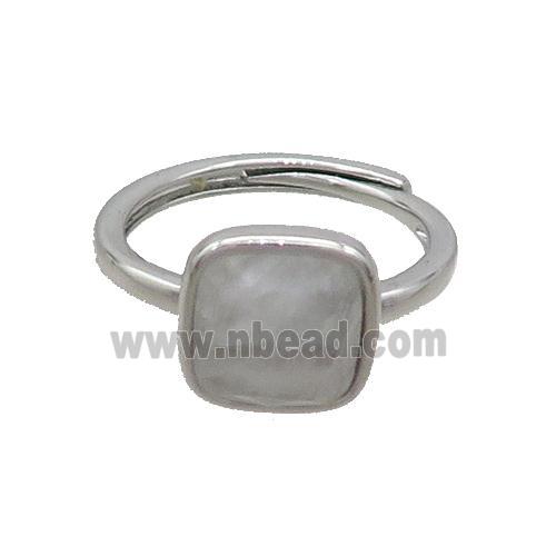 Copper Ring Pave Clear Quartz Square Adjustable Platinum Plated