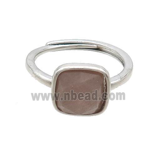 Copper Ring Pave Peach Sunstone Square Adjustable Platinum Plated