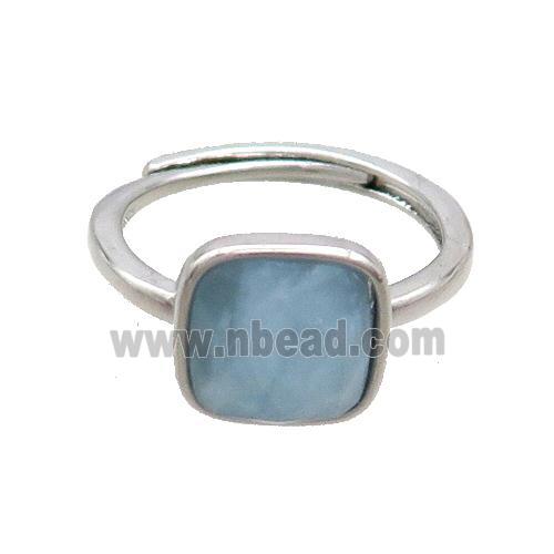 Copper Ring Pave Blue Aquamarine Square Adjustable Platinum Plated