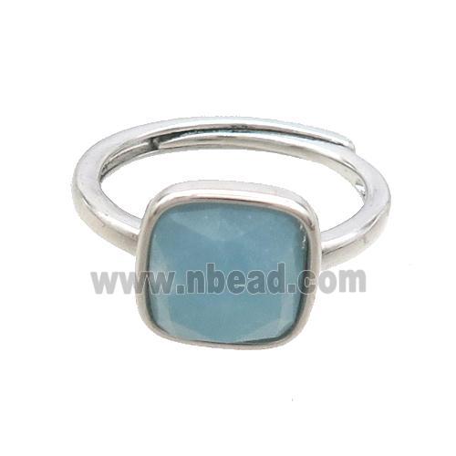 Copper Ring Pave Blue Amazonite Square Adjustable Platinum Plated