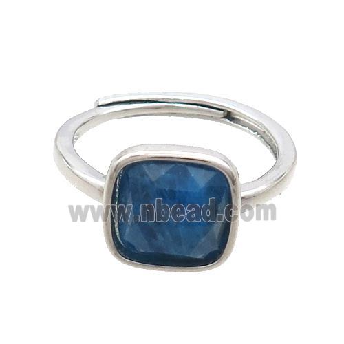 Copper Ring Pave Blue Apatite Square Adjustable Platinum Plated