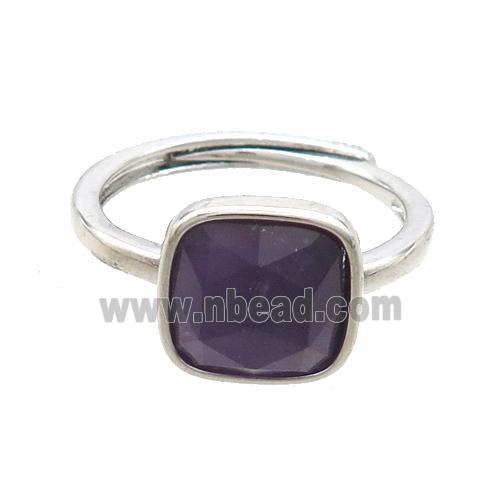 Copper Ring Pave Purple Amethyst Square Adjustable Platinum Plated