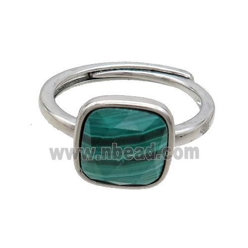 Copper Ring Pave Green Malachite Square Adjustable Platinum Plated