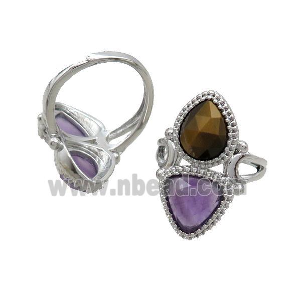 Copper Ring Pave Amethyst Tiger Eye Stone Adjustable Platinum Plated