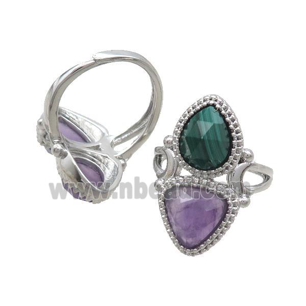 Copper Ring Pave Amethyst Malachite Adjustable Platinum Plated