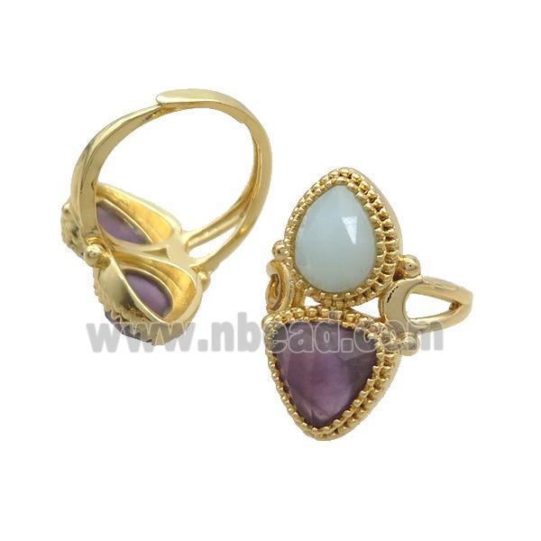 Copper Ring Pave Amethyst Amazonite Adjustable Gold Plated