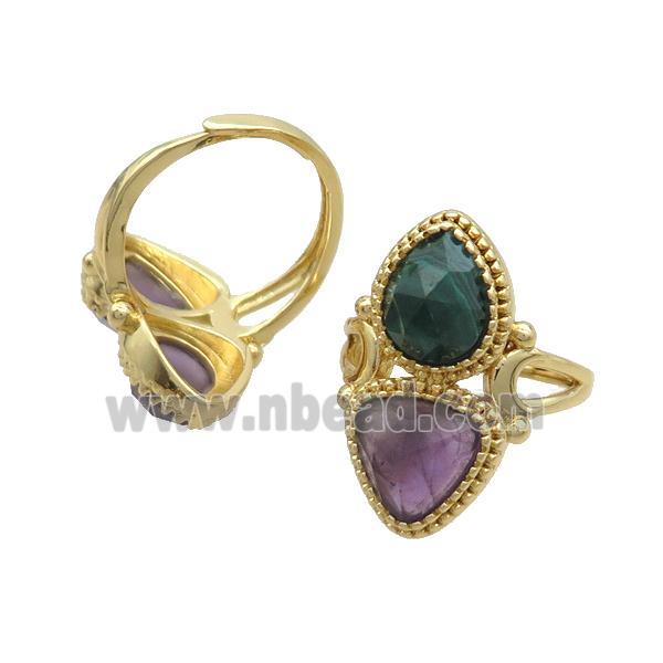 Copper Ring Pave Amethyst Malachite Adjustable Gold Plated