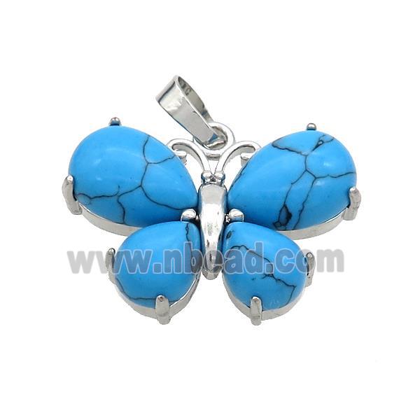 Blue Synthetic Turquoise Butterfly Pendant Platinum Plated