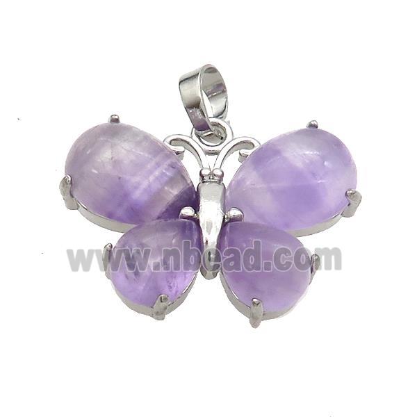 Natural Purple Amethyst Butterfly Pendant Platinum Plated