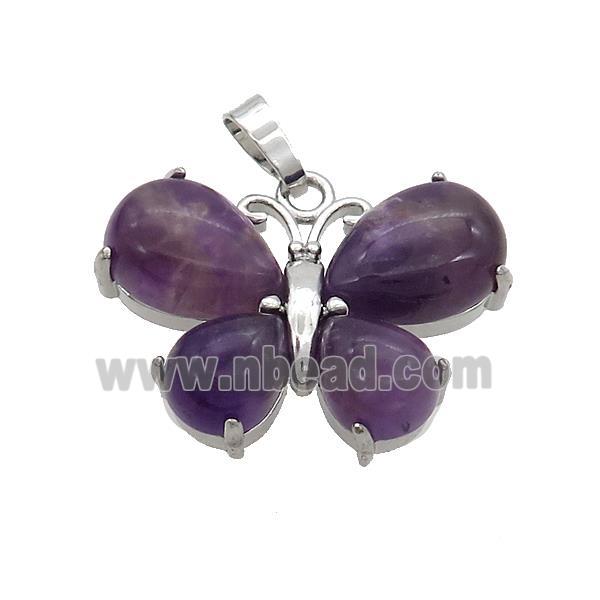 Natural Purple Amethyst Butterfly Pendant Platinum Plated