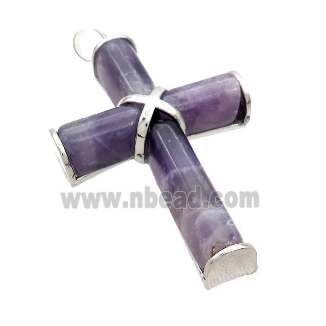 Natural Amethyst Cross Pendant Purple Platinum Plated