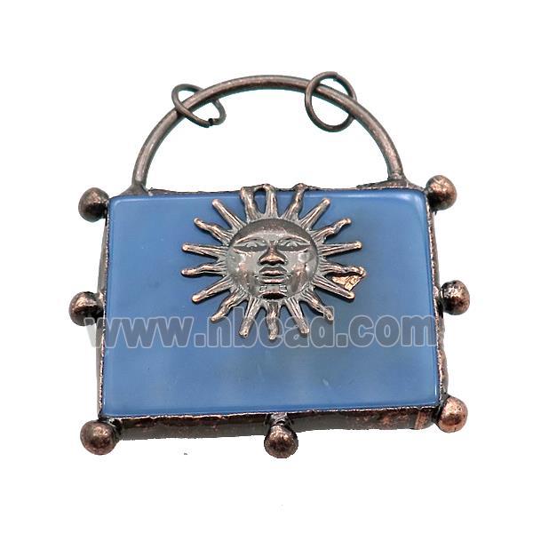 Natural Agate Lock Pendant Blue Dye Sunface Antique Red