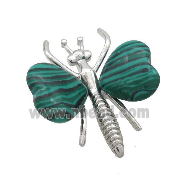 Synthetic Green Malachite Pave Butterfly Pendant Alloy Platinum Plated
