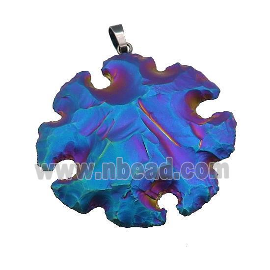 Natural Rock Agate Pendant Hot Wheels Snowflake Hammered Multicolor Electroplated